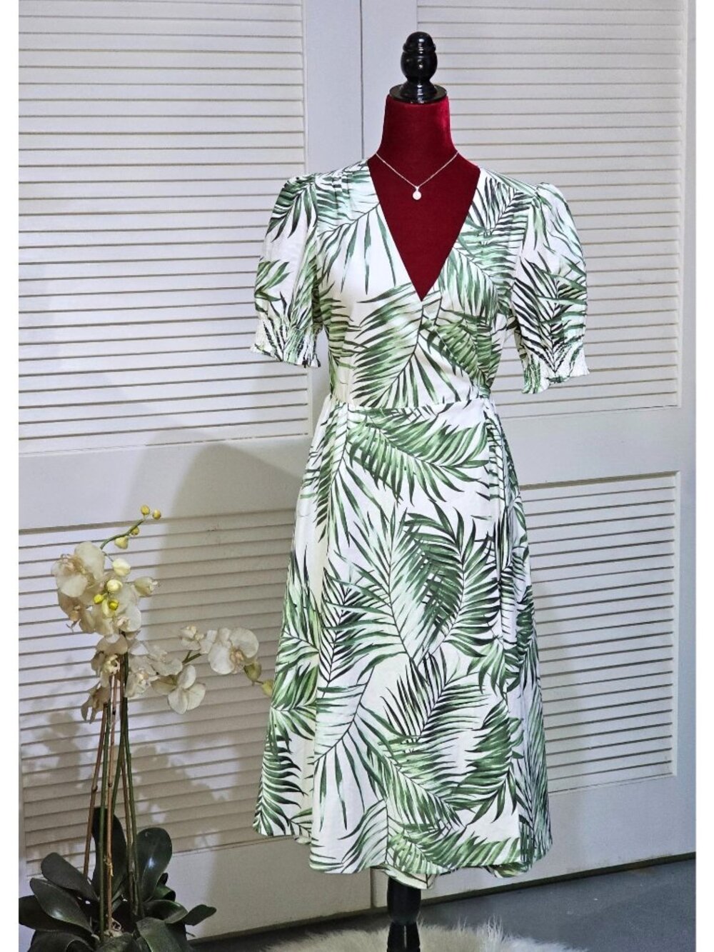 Alex Marie Women's Ashlyn Wrap Palm Paradise Print Linen Blend Dress Sz 8 2793‎